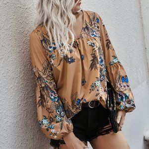 Bubble Sleeve Floral Print Blouse